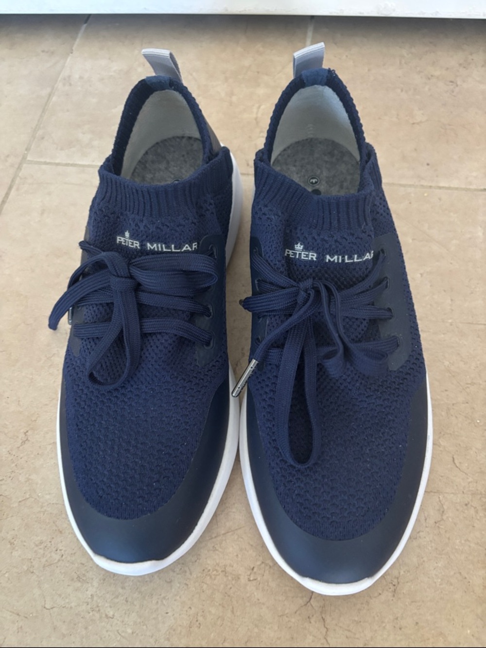 Peter Millar Navy Knit Lace-Up Sneakers with White Soles and Pull Tabs